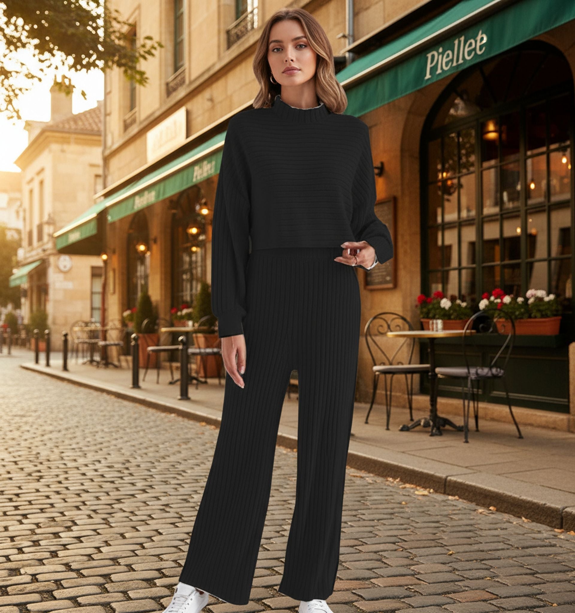 New Spring And Autumn Solid Color Knitted Fine Pit Strip Fashion Casual Suit Short Top