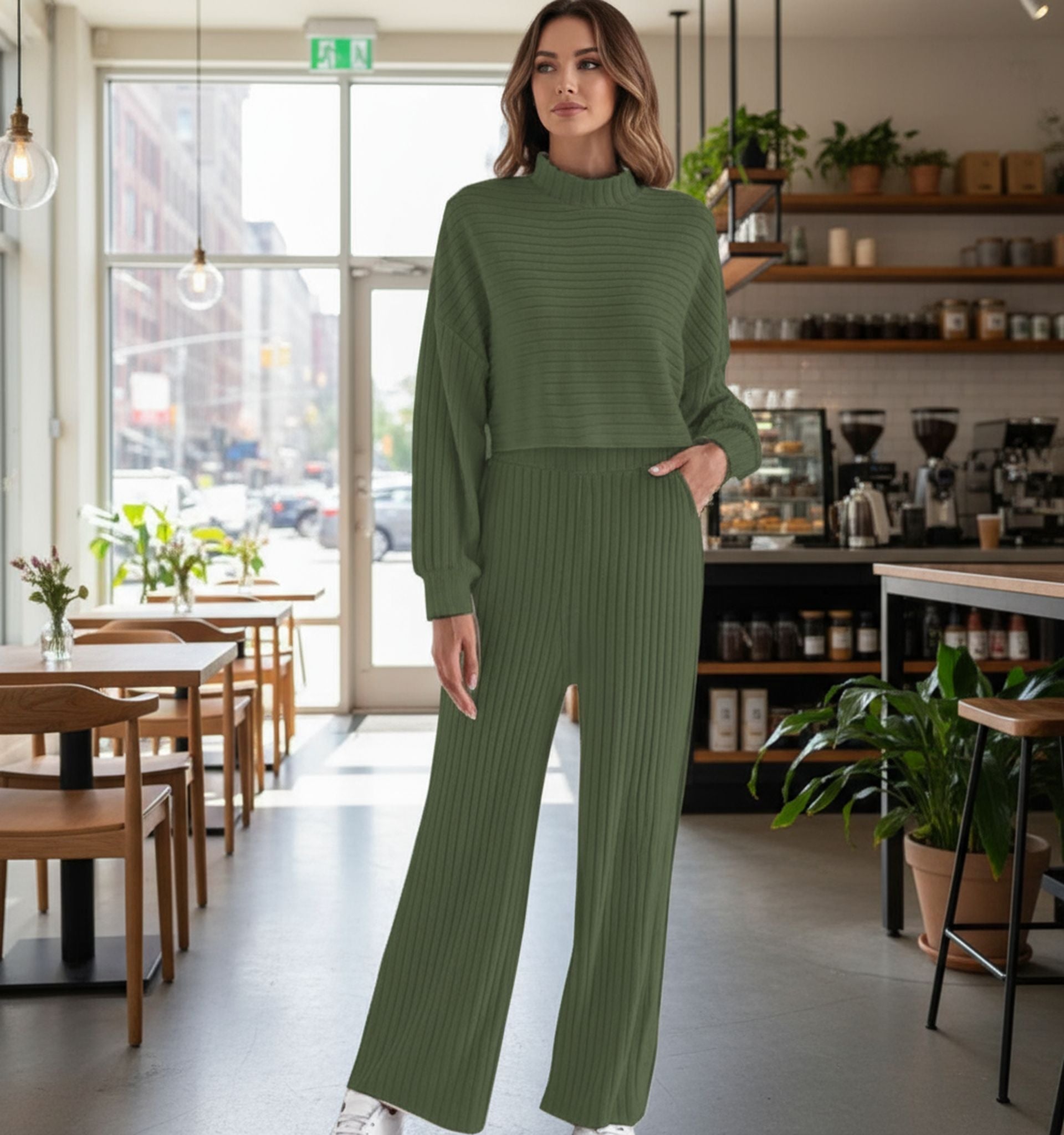 New Spring And Autumn Solid Color Knitted Fine Pit Strip Fashion Casual Suit Short Top
