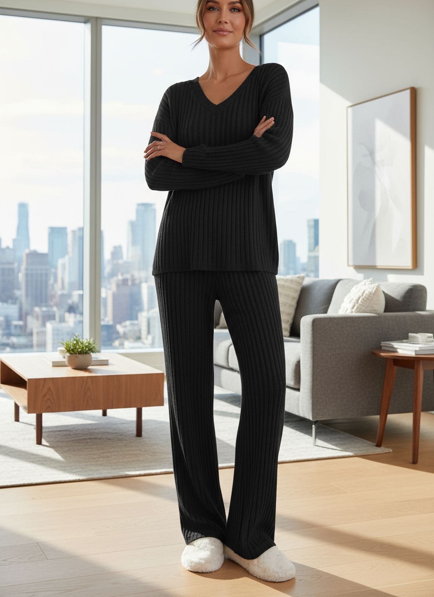 Suit Autumn New Fashion Casual Straight-Leg Pants Temperament Loose V-Neck