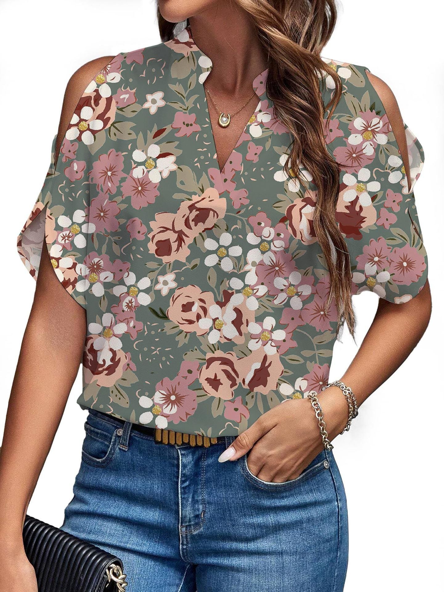New Solid Color V-Neck Temperament Fashion Off-Shoulder Sleeve Women'S Top