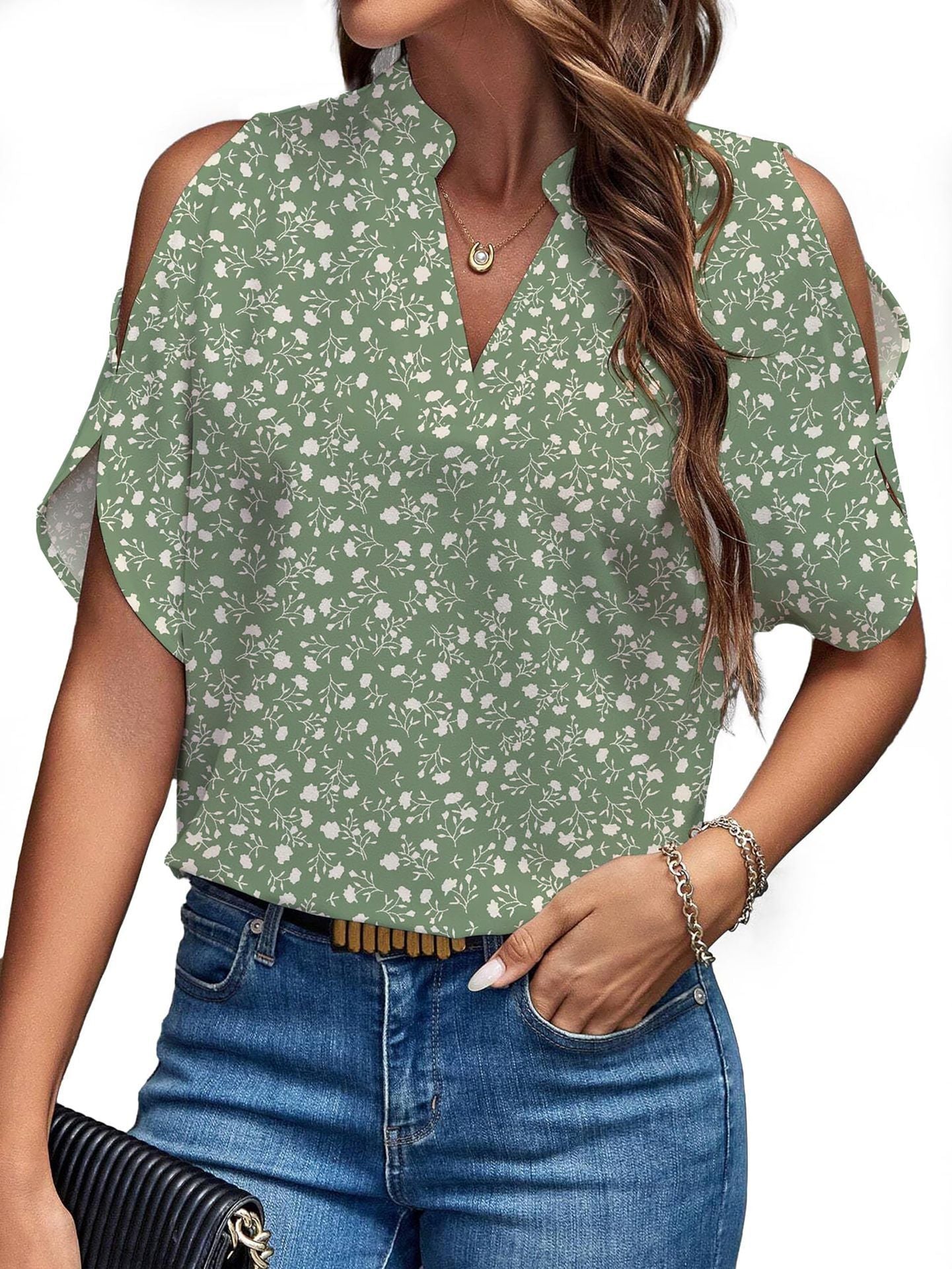 New Solid Color V-Neck Temperament Fashion Off-Shoulder Sleeve Women'S Top