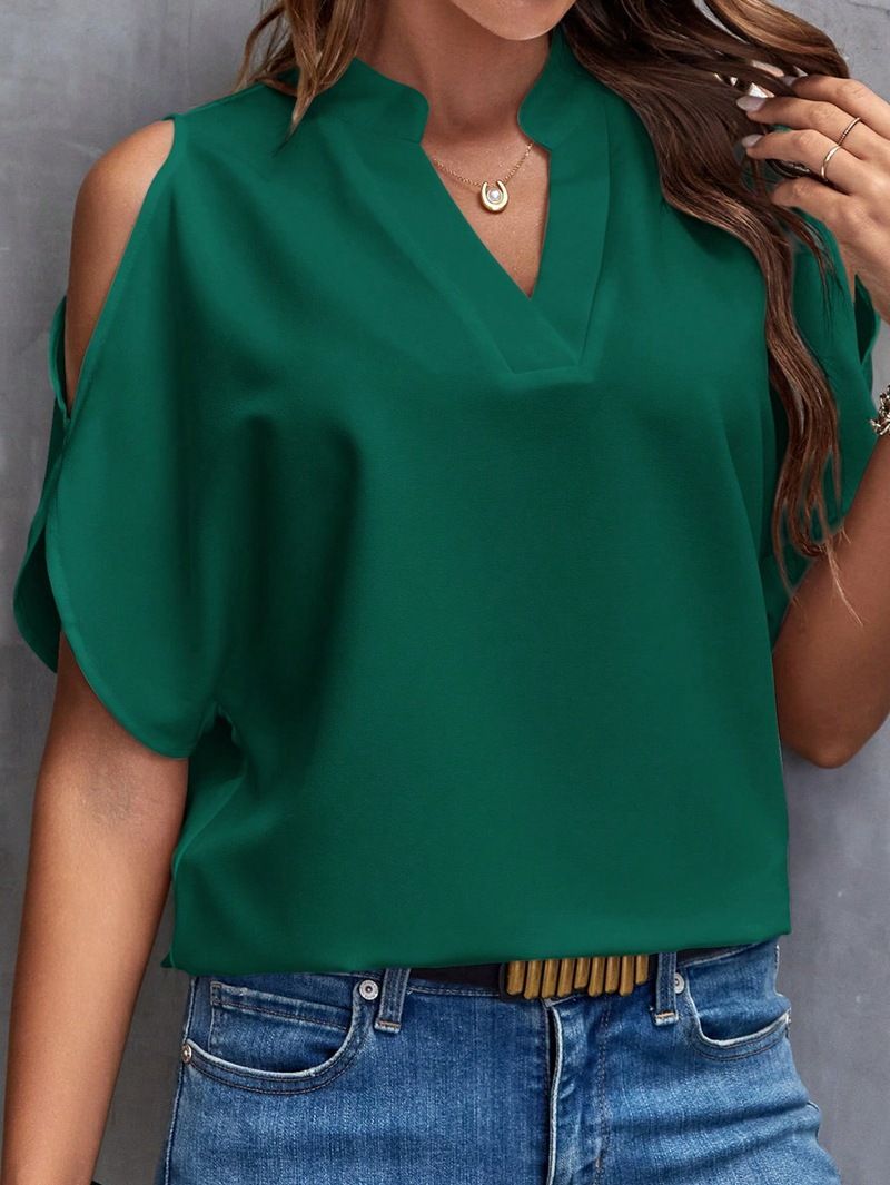 New Solid Color V-Neck Temperament Fashion Off-Shoulder Sleeve Women'S Top