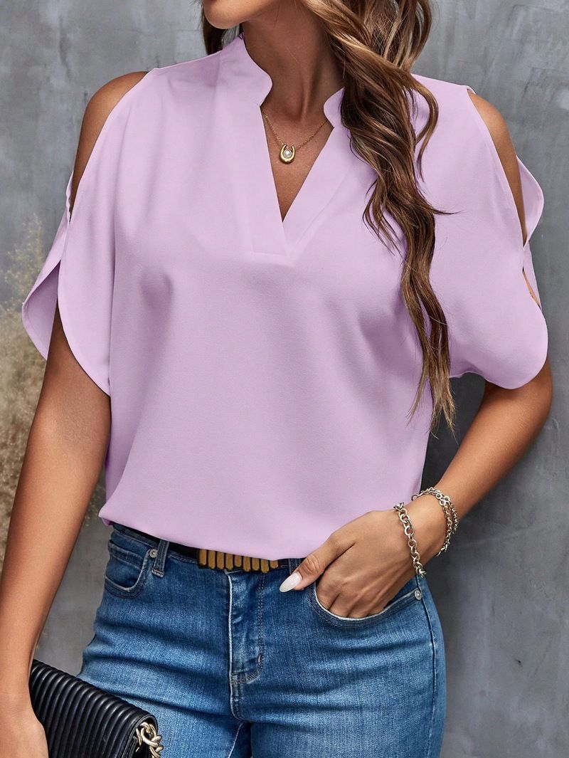 New Solid Color V-Neck Temperament Fashion Off-Shoulder Sleeve Women'S Top