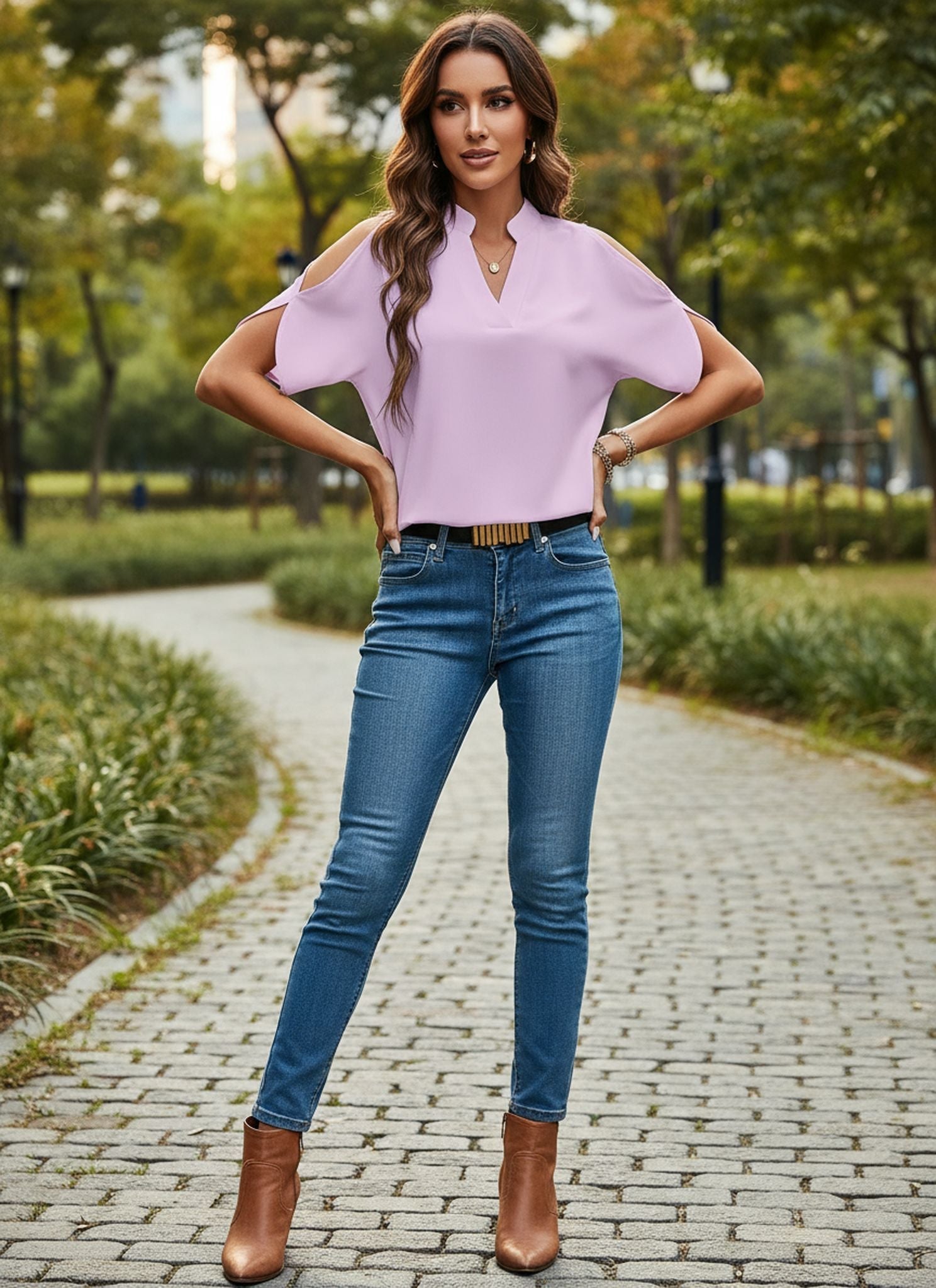 New Solid Color V-Neck Temperament Fashion Off-Shoulder Sleeve Women'S Top