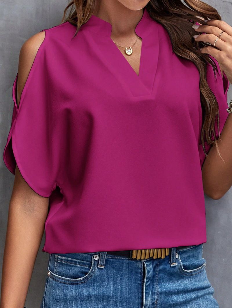 New Solid Color V-Neck Temperament Fashion Off-Shoulder Sleeve Women'S Top