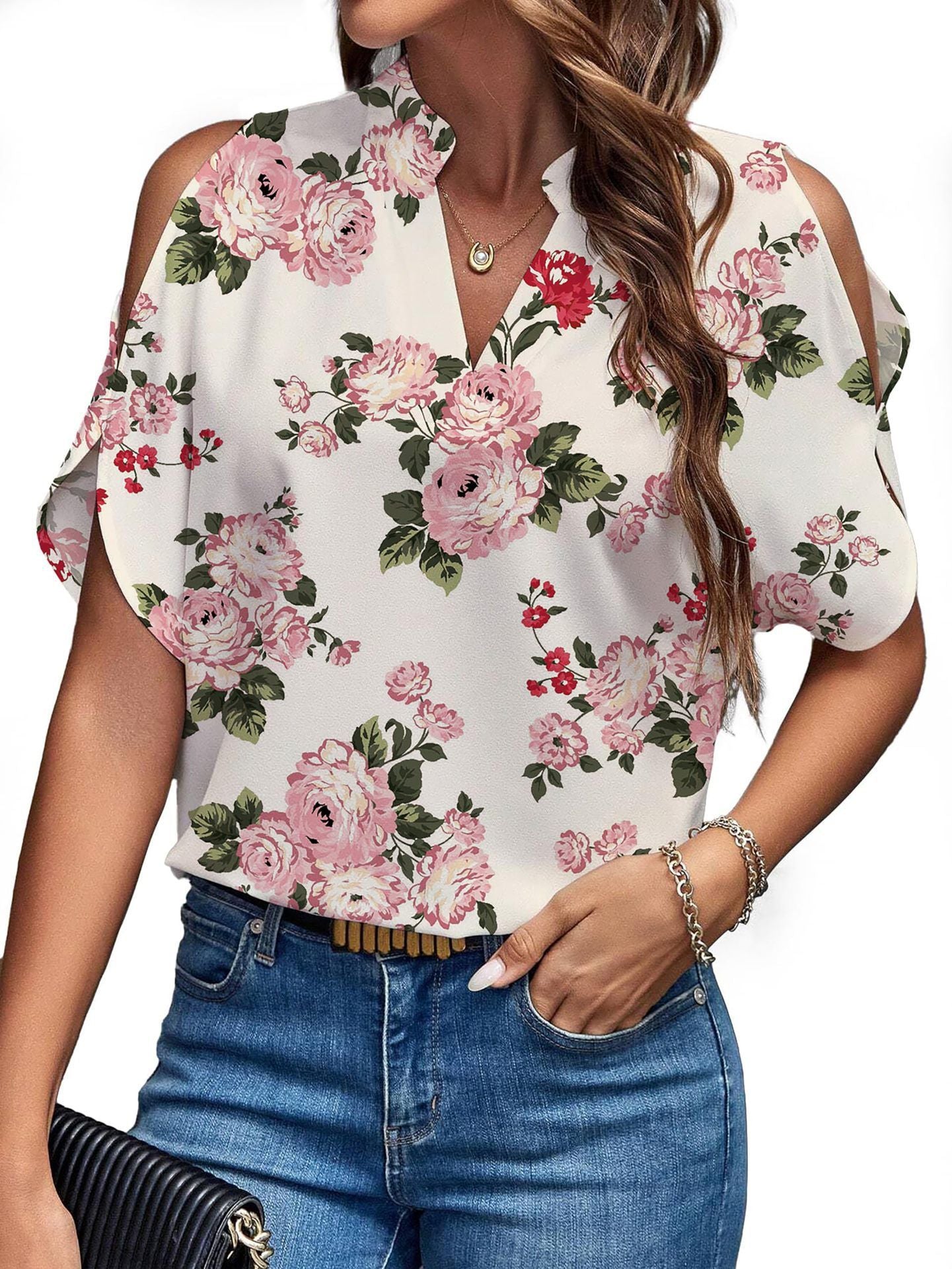 New Solid Color V-Neck Temperament Fashion Off-Shoulder Sleeve Women'S Top