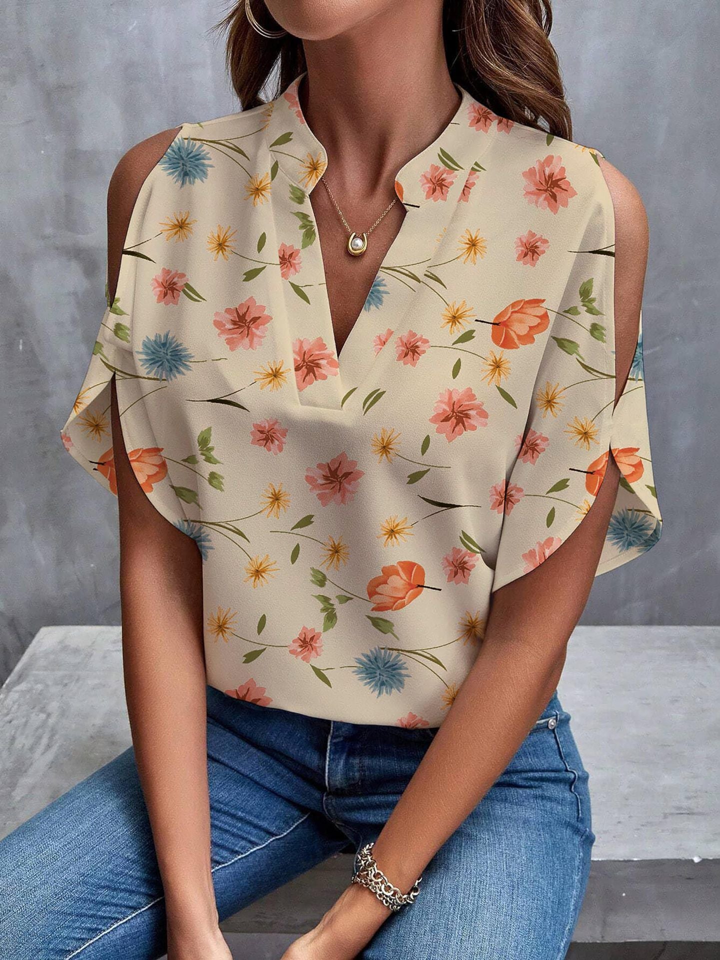 New Solid Color V-Neck Temperament Fashion Off-Shoulder Sleeve Women'S Top