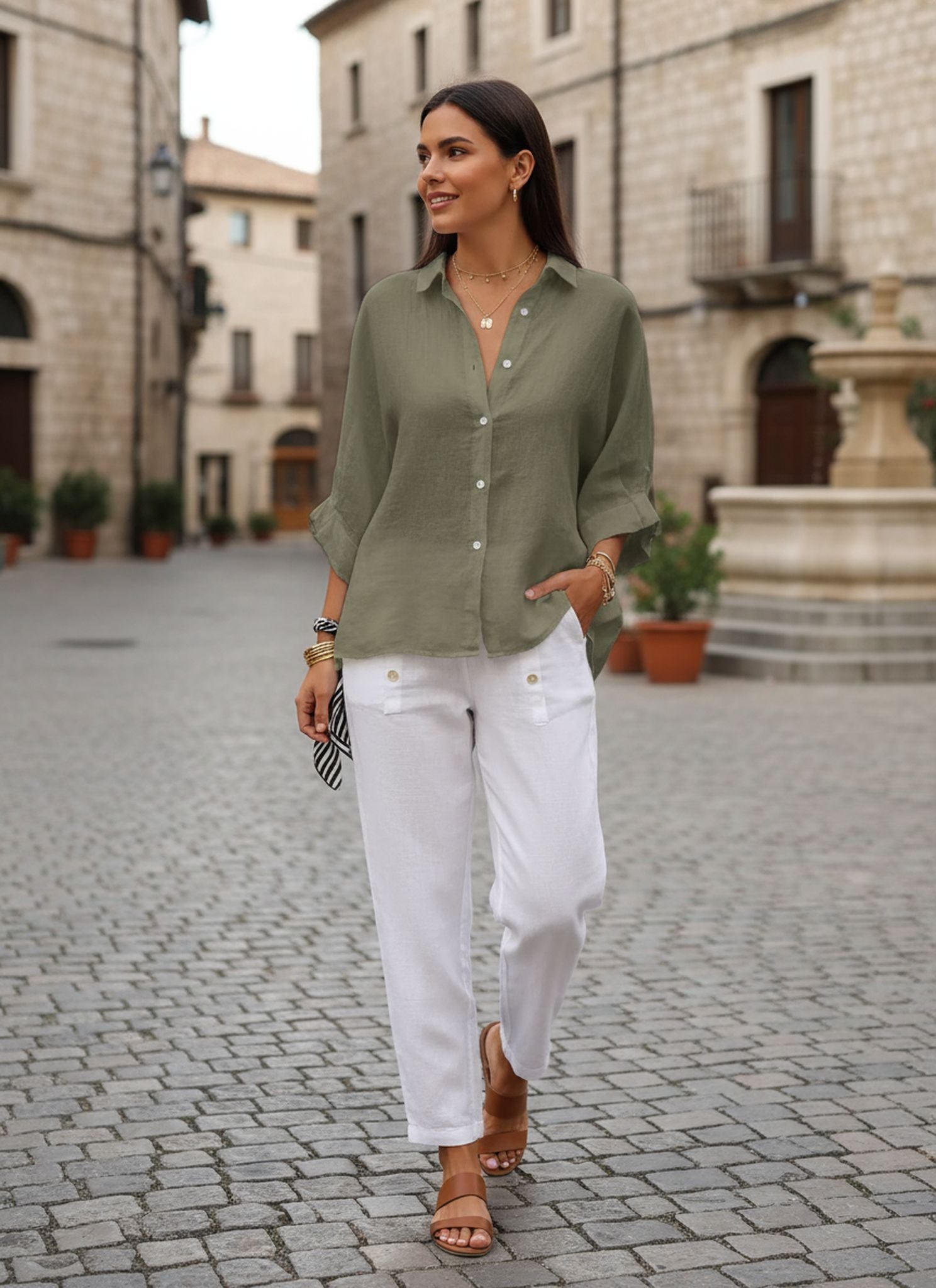 Cotton And Linen Back Lace-Up Design Shirt