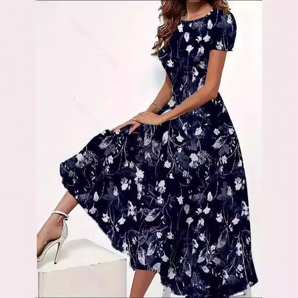 Cross-Border Spring And Summer New Digital Printed Crew Neck Dress