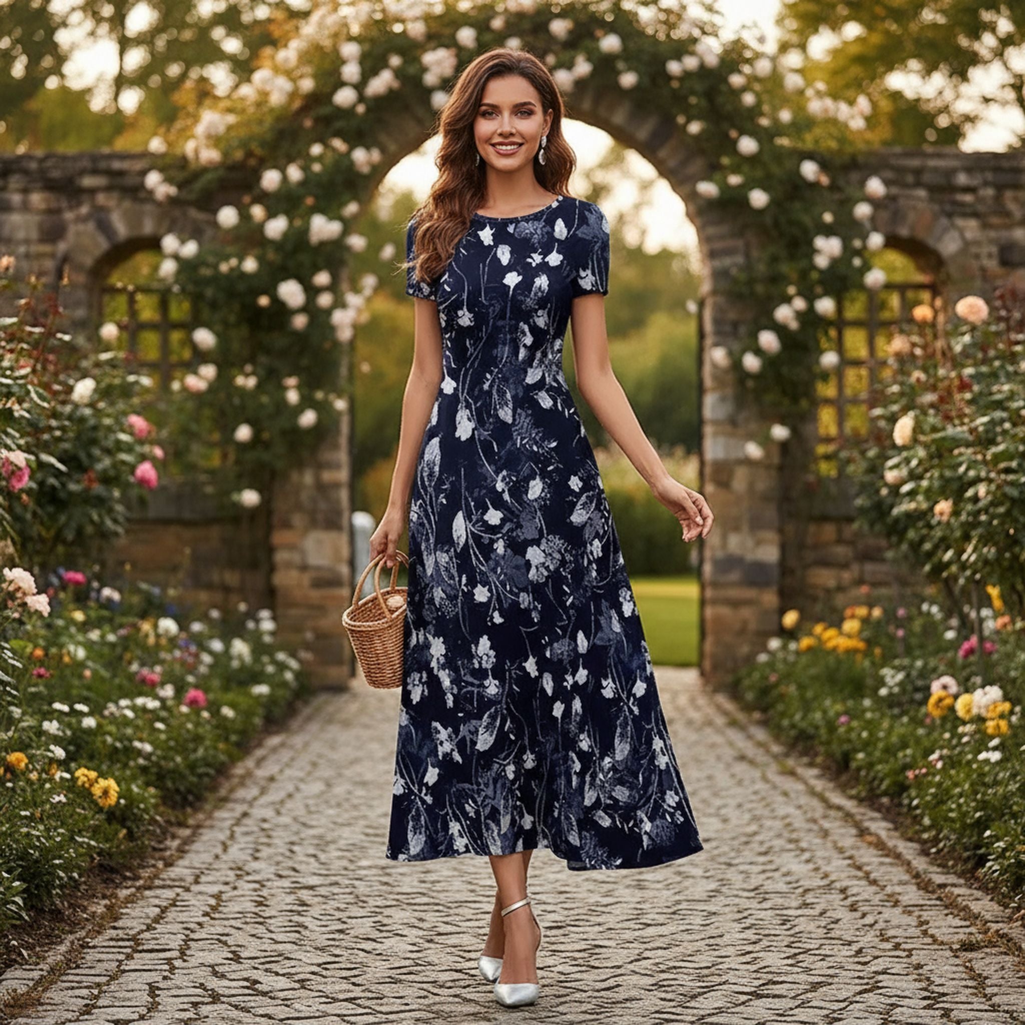 Cross-Border Spring And Summer New Digital Printed Crew Neck Dress