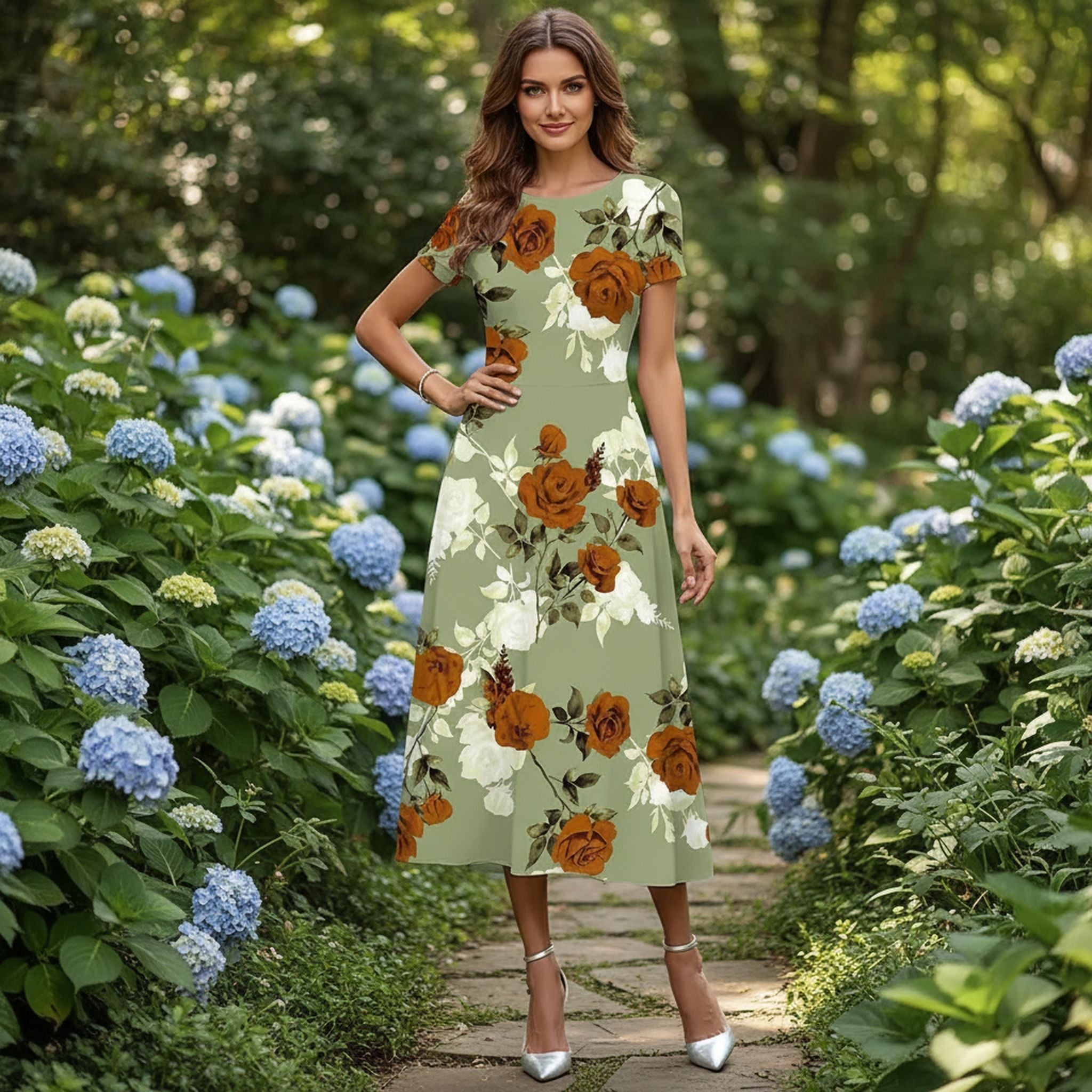 Cross-Border Spring And Summer New Digital Printed Crew Neck Dress