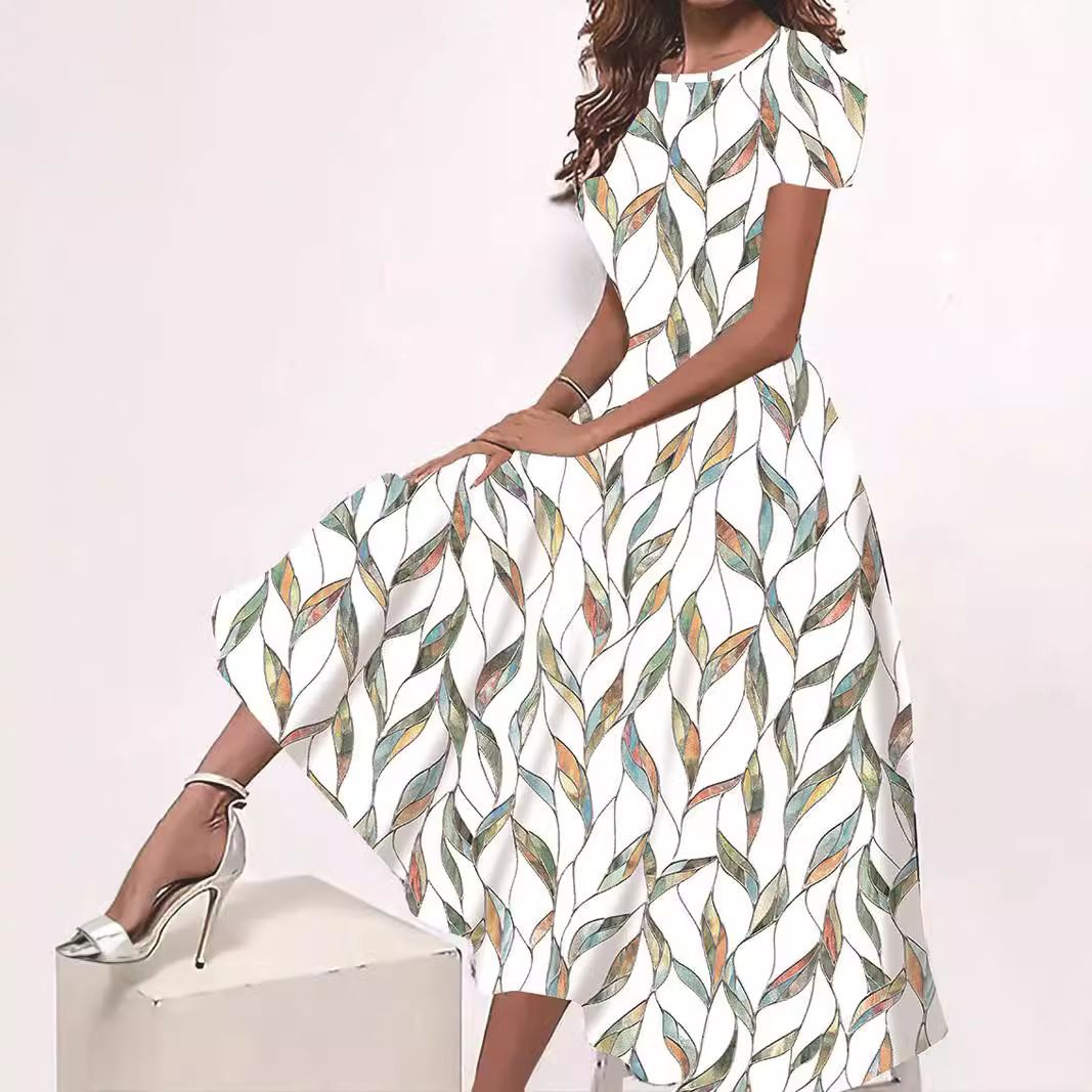 Cross-Border Spring And Summer New Digital Printed Crew Neck Dress