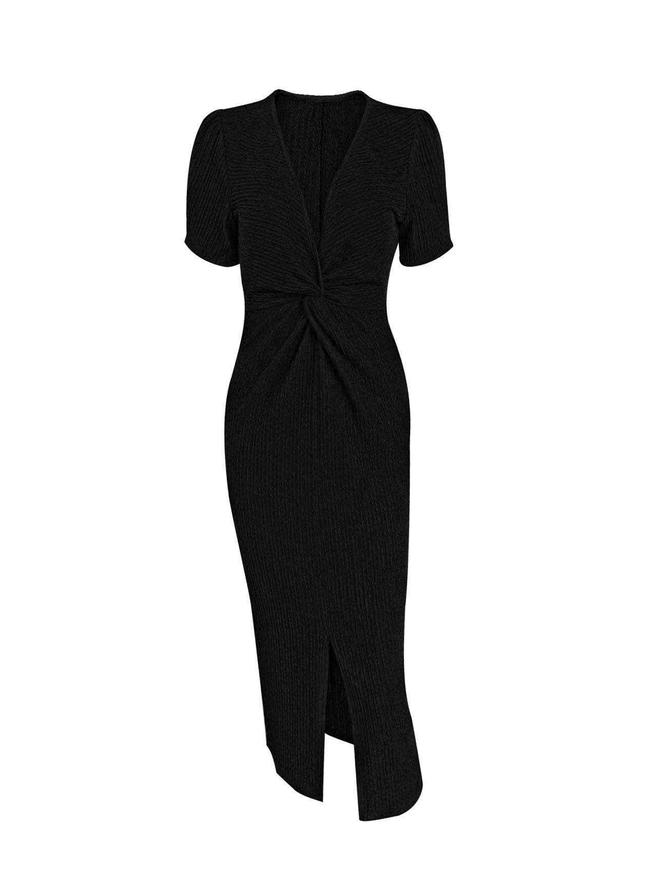 V-Neck Solid Color Hip Slit Temperament Elegant Waist Dress Evening Dress