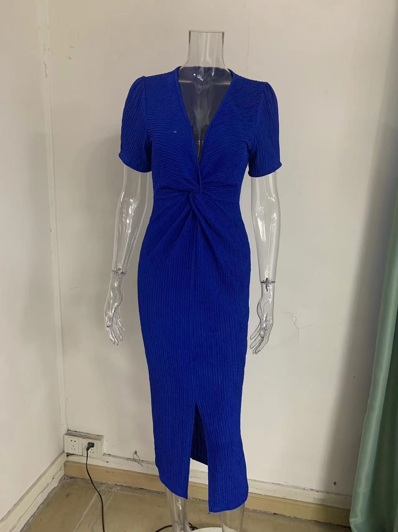V-Neck Solid Color Hip Slit Temperament Elegant Waist Dress Evening Dress