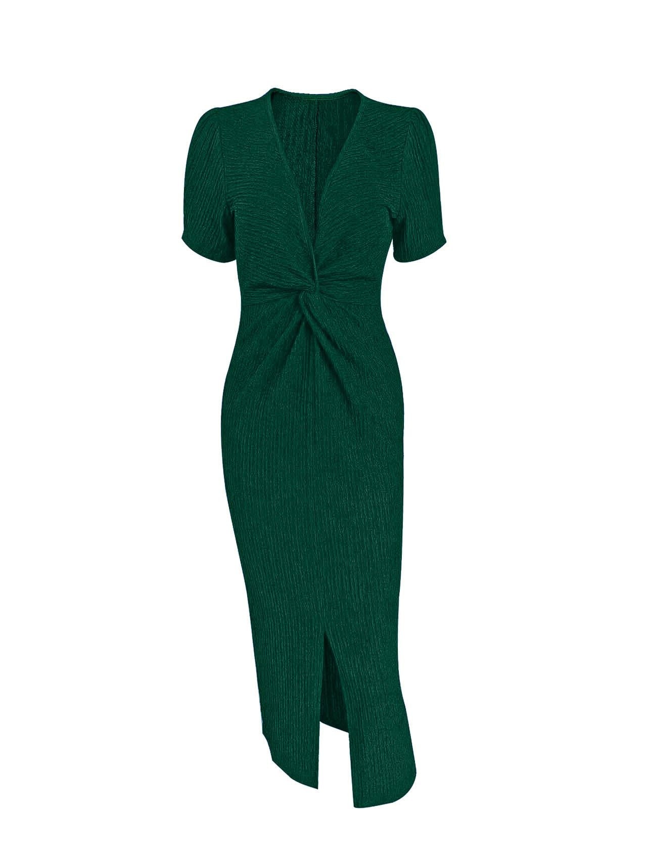V-Neck Solid Color Hip Slit Temperament Elegant Waist Dress Evening Dress