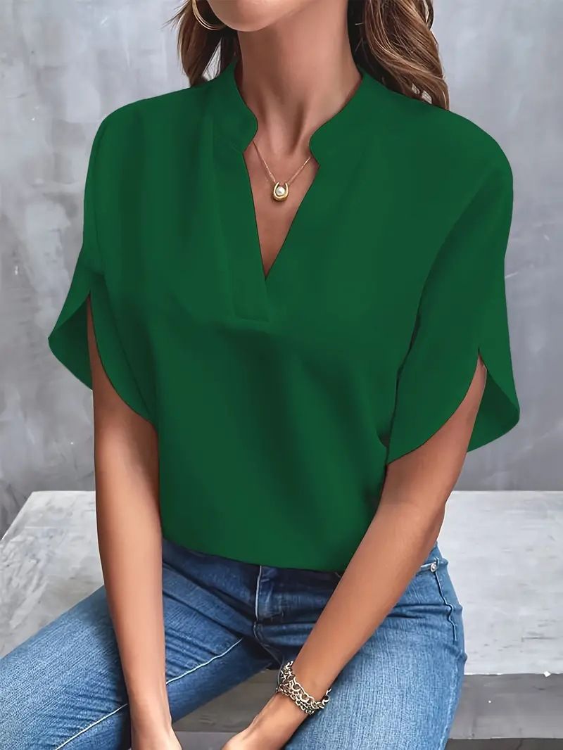 Summer Casual Solid Color V-Neck Loose Shirt Top Women'S
