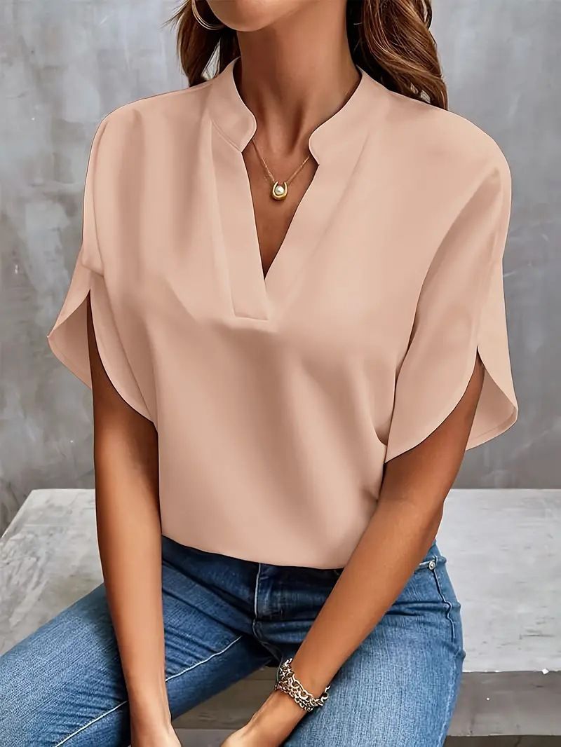 Summer Casual Solid Color V-Neck Loose Shirt Top Women'S