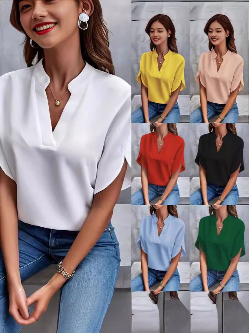 Summer Casual Solid Color V-Neck Loose Shirt Top Women'S
