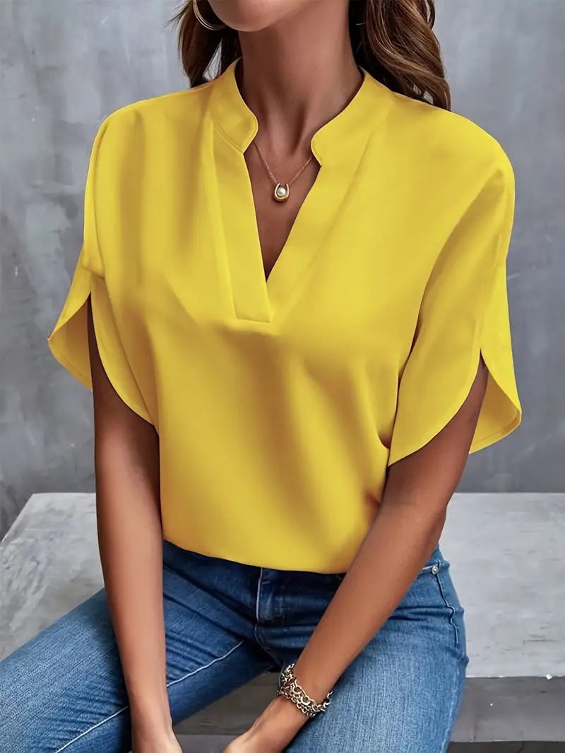 Summer Casual Solid Color V-Neck Loose Shirt Top Women'S