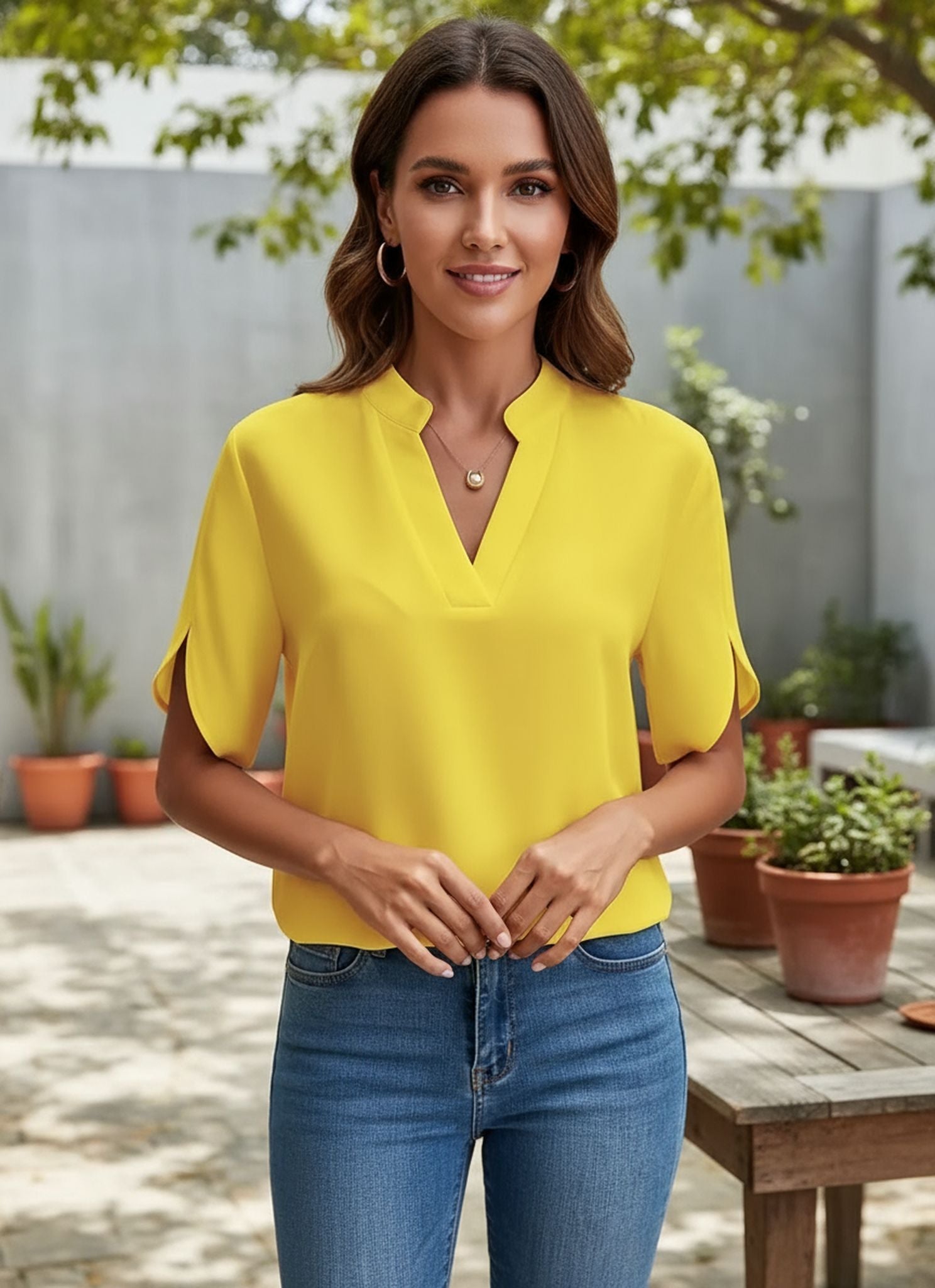 Summer Casual Solid Color V-Neck Loose Shirt Top Women'S