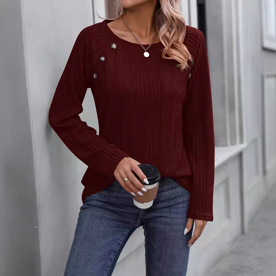 Pit Strip Brushed Crew Neck Solid Color Buttoned Long Sleeve Top