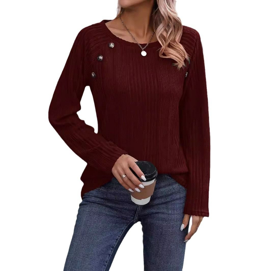 Pit Strip Brushed Crew Neck Solid Color Buttoned Long Sleeve Top