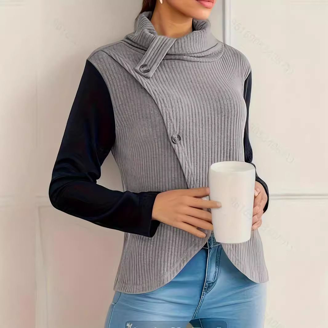 Bottom Pile Collar Top Long Sleeve Irregular Knit Pullover Women'S