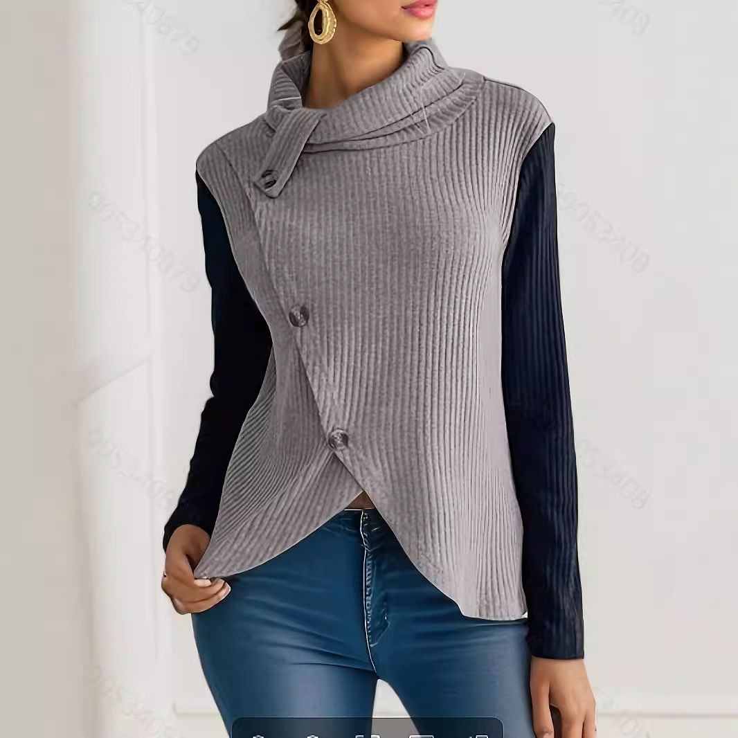 Bottom Pile Collar Top Long Sleeve Irregular Knit Pullover Women'S