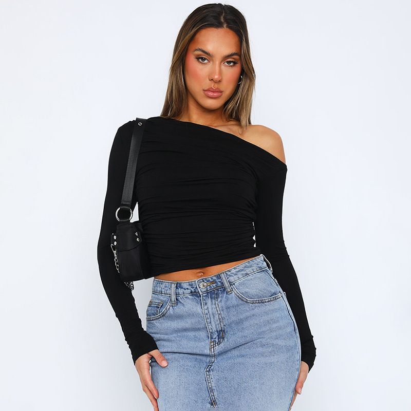 Women'S Spring Ins New Solid Color Slanted Shoulder Long Sleeve Pleated Crop Top T-Shirt Women'S