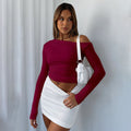 Women'S Spring Ins New Solid Color Slanted Shoulder Long Sleeve Pleated Crop Top T-Shirt Women'S