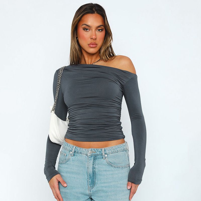 Women'S Spring Ins New Solid Color Slanted Shoulder Long Sleeve Pleated Crop Top T-Shirt Women'S