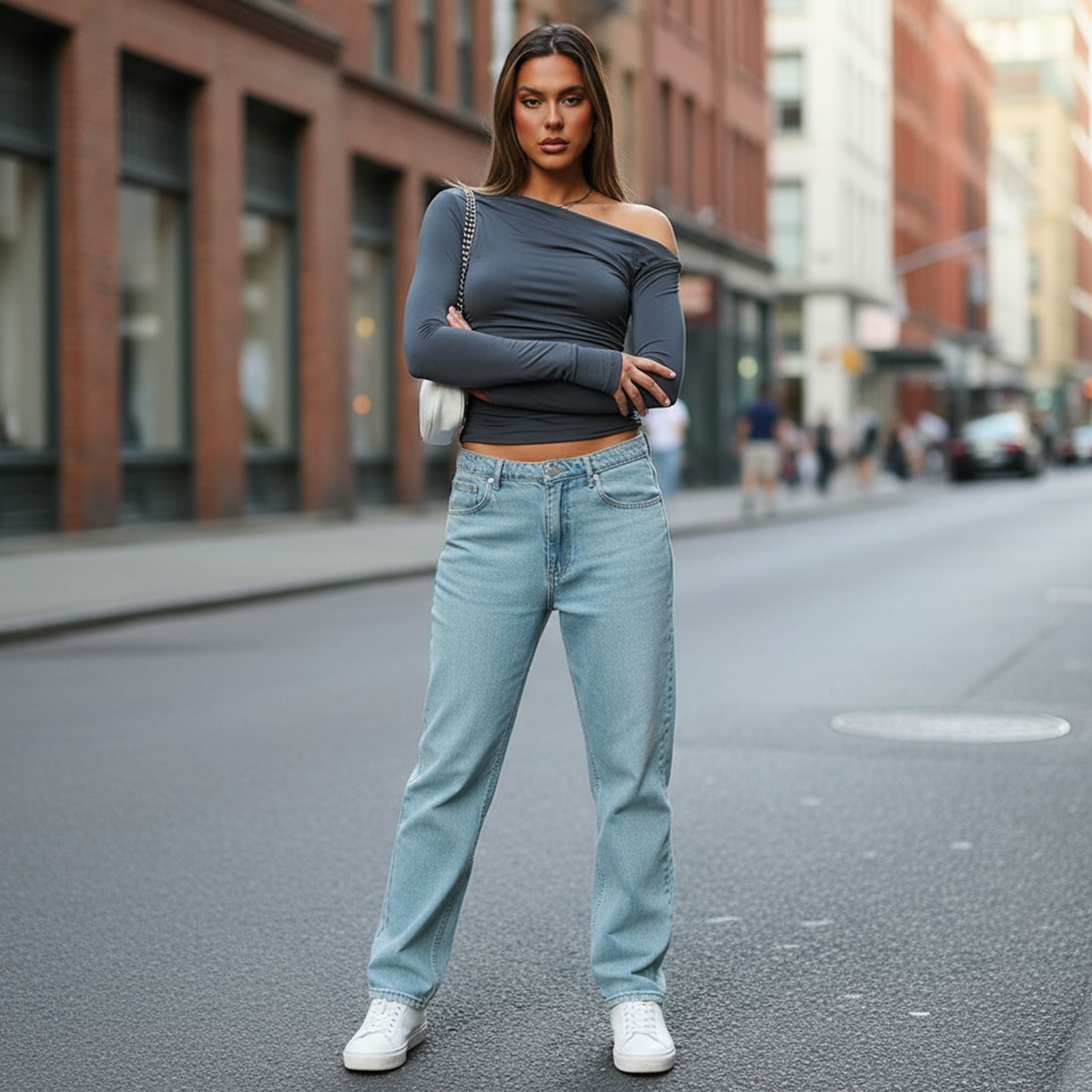 Women'S Spring Ins New Solid Color Slanted Shoulder Long Sleeve Pleated Crop Top T-Shirt Women'S