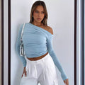 Women'S Spring Ins New Solid Color Slanted Shoulder Long Sleeve Pleated Crop Top T-Shirt Women'S
