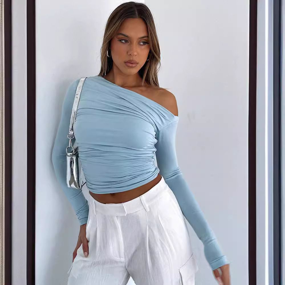 Women'S Spring Ins New Solid Color Slanted Shoulder Long Sleeve Pleated Crop Top T-Shirt Women'S