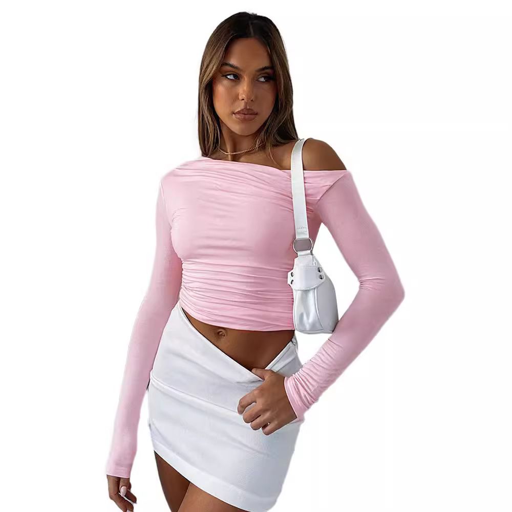 Women'S Spring Ins New Solid Color Slanted Shoulder Long Sleeve Pleated Crop Top T-Shirt Women'S