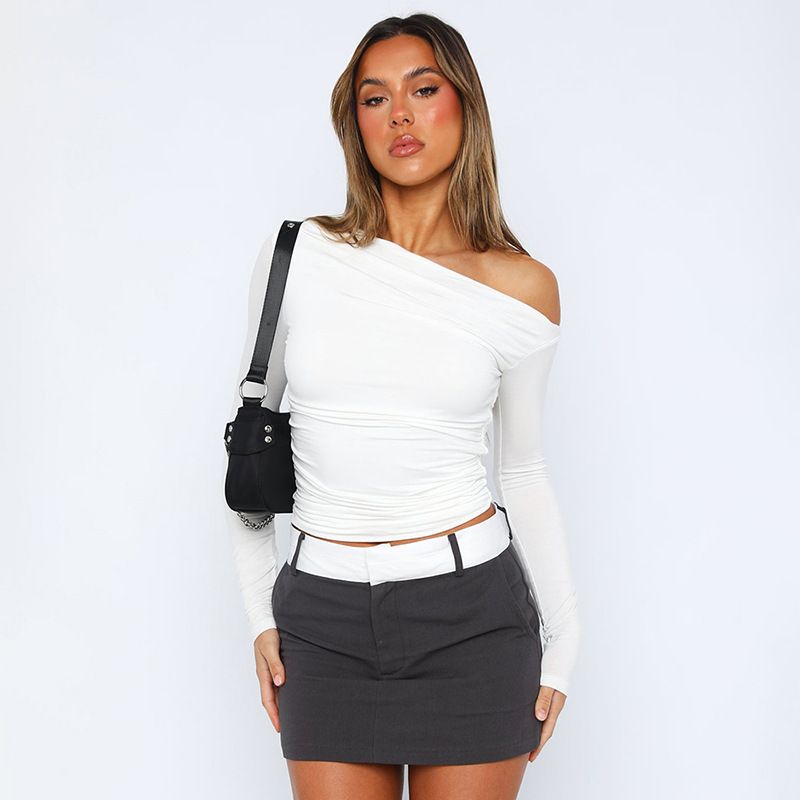 Women'S Spring Ins New Solid Color Slanted Shoulder Long Sleeve Pleated Crop Top T-Shirt Women'S