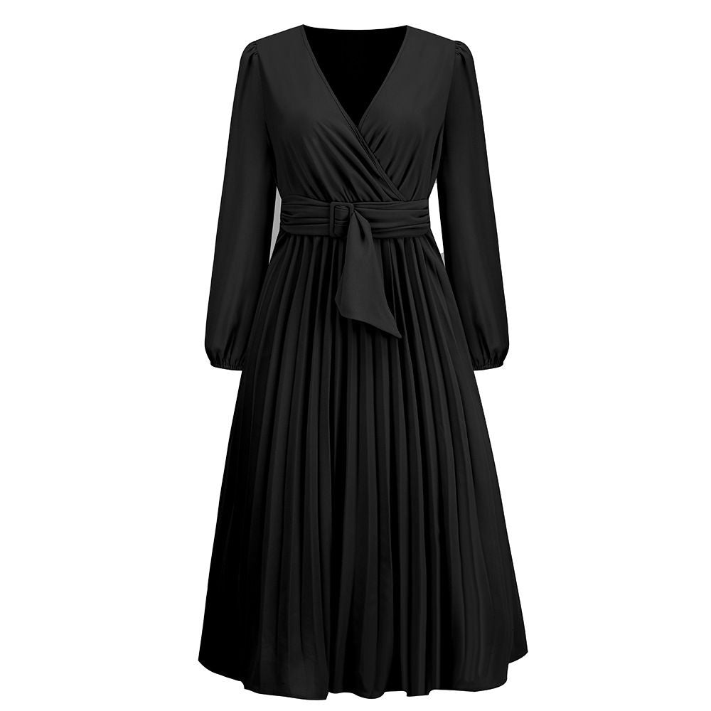 New Long-Sleeved Slim Pleated Belt V-Neck Dress