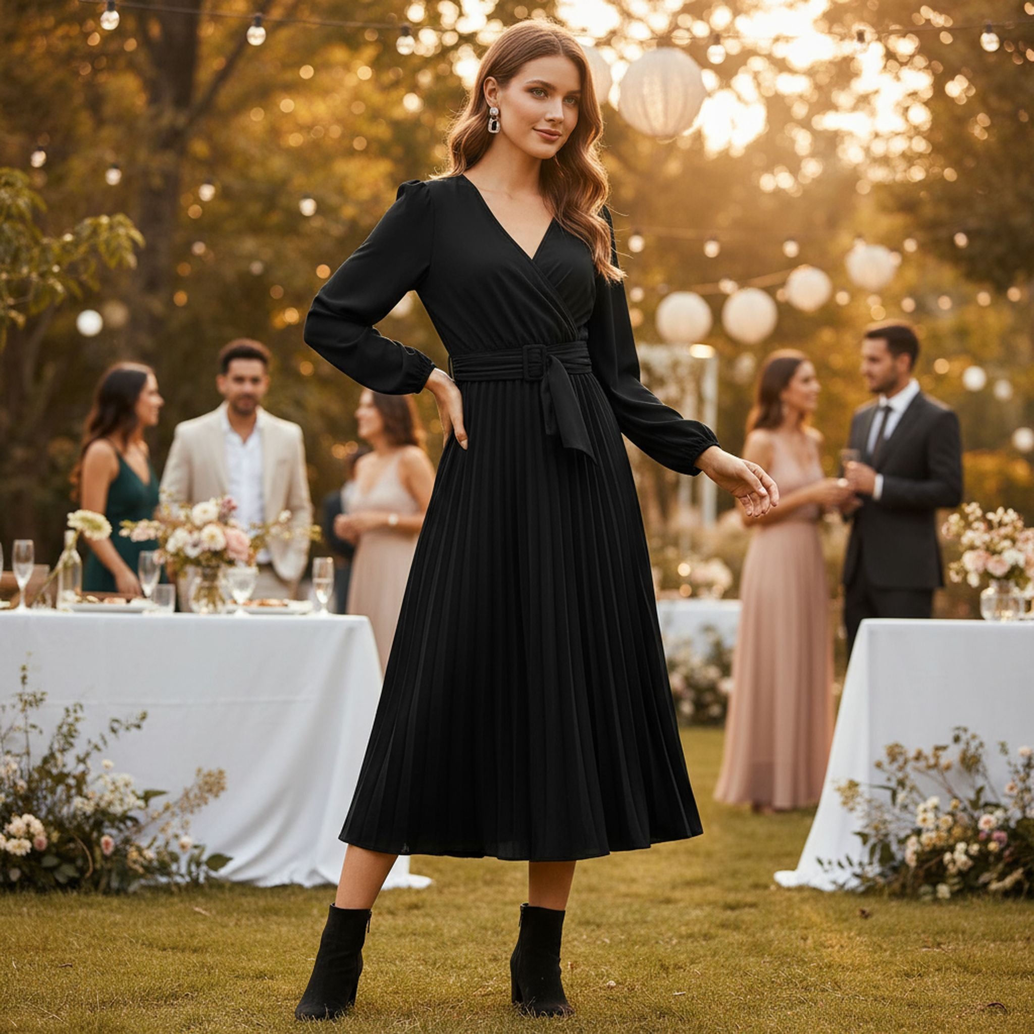 New Long-Sleeved Slim Pleated Belt V-Neck Dress
