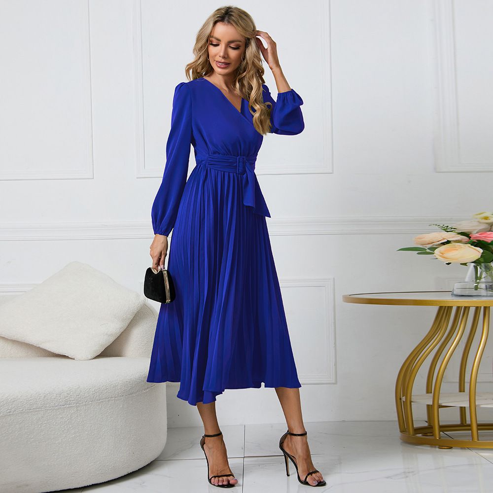 New Long-Sleeved Slim Pleated Belt V-Neck Dress