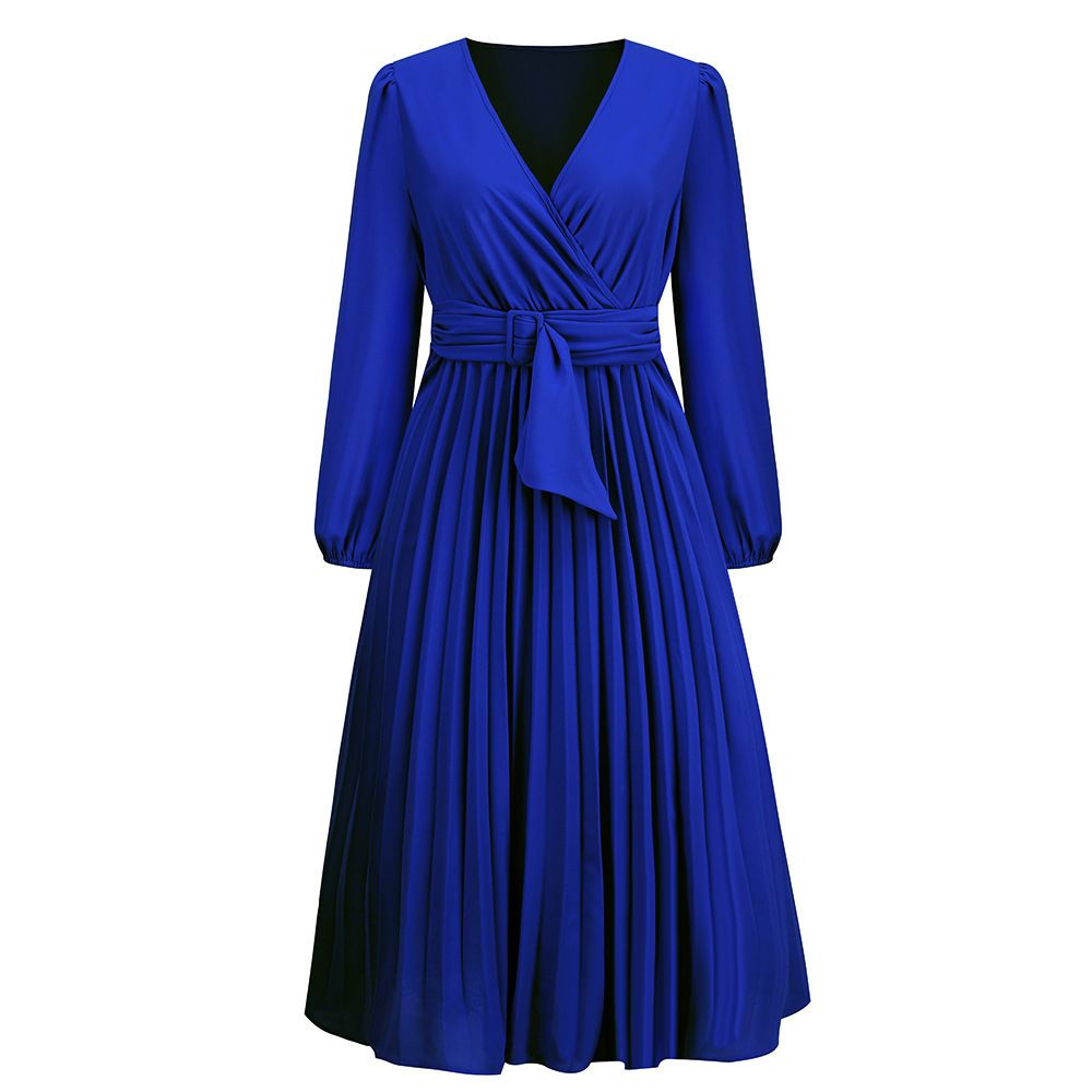 New Long-Sleeved Slim Pleated Belt V-Neck Dress