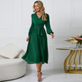 New Long-Sleeved Slim Pleated Belt V-Neck Dress