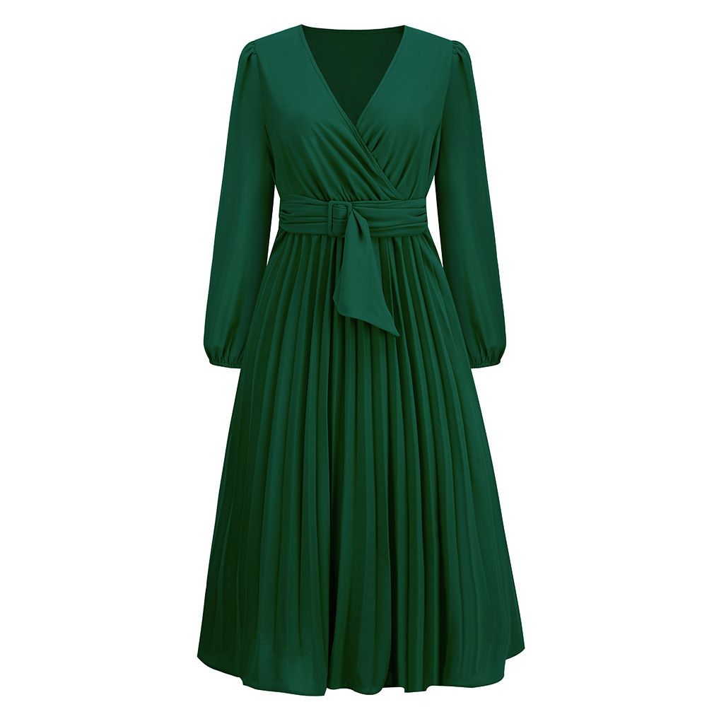 New Long-Sleeved Slim Pleated Belt V-Neck Dress