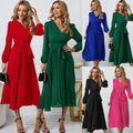 New Long-Sleeved Slim Pleated Belt V-Neck Dress