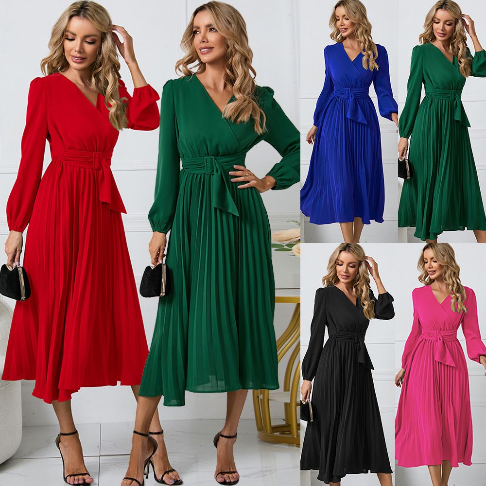 New Long-Sleeved Slim Pleated Belt V-Neck Dress