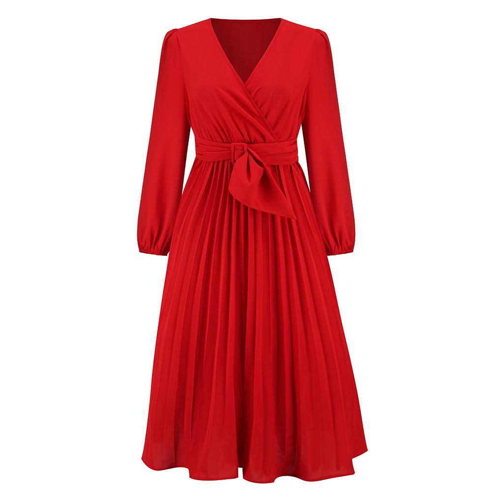 New Long-Sleeved Slim Pleated Belt V-Neck Dress