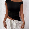 Style Street Hipster Polyester Pullover Cross Collar Slim Fit Women'S T-Shirt Black
