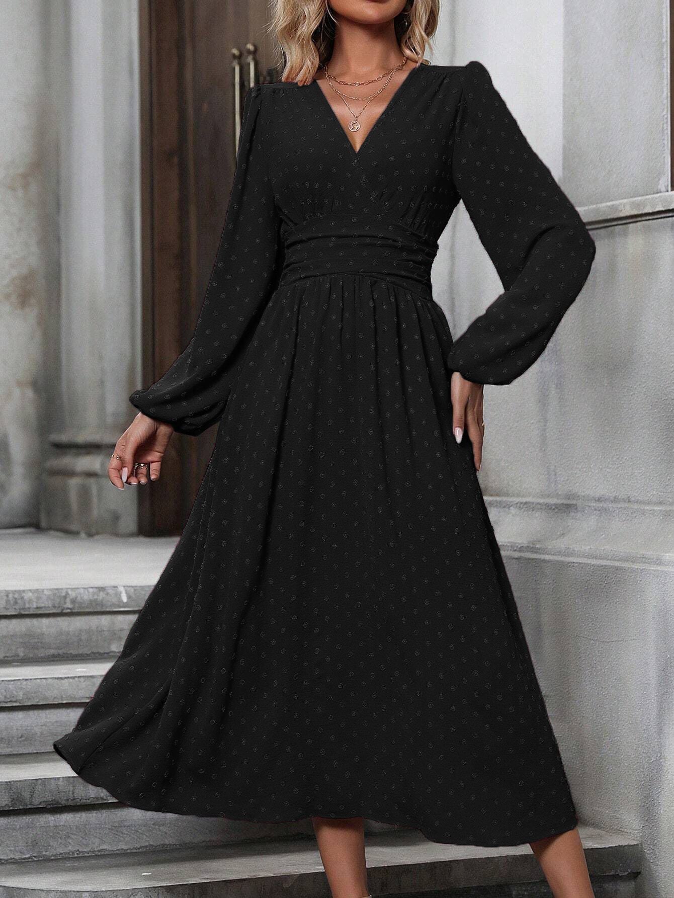 New Mid-Hairball Diagonal Collar, Lantern Sleeves, Pleated Waist Dress,