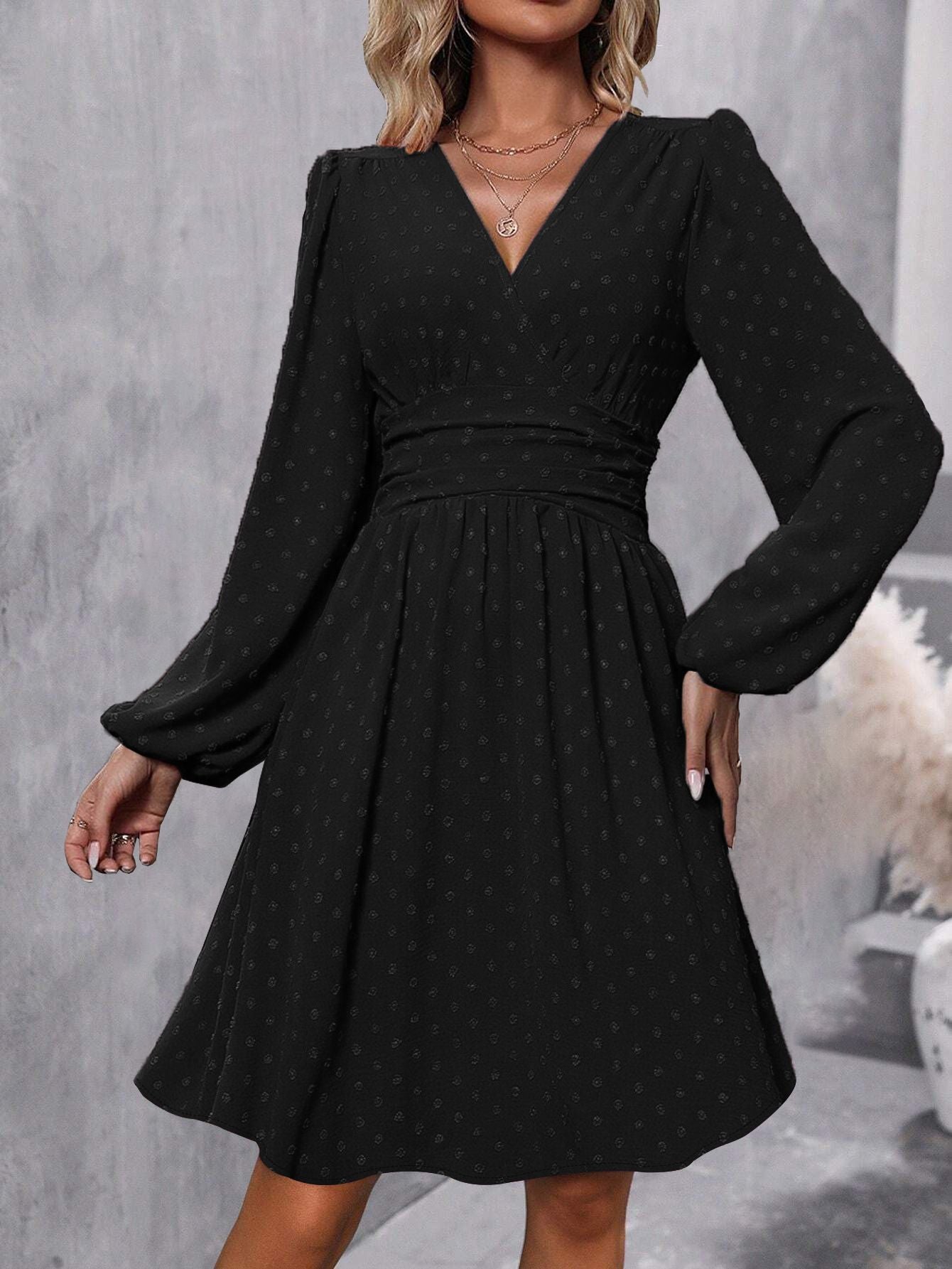 Jacquard V-Neck Lantern Sleeve Dress