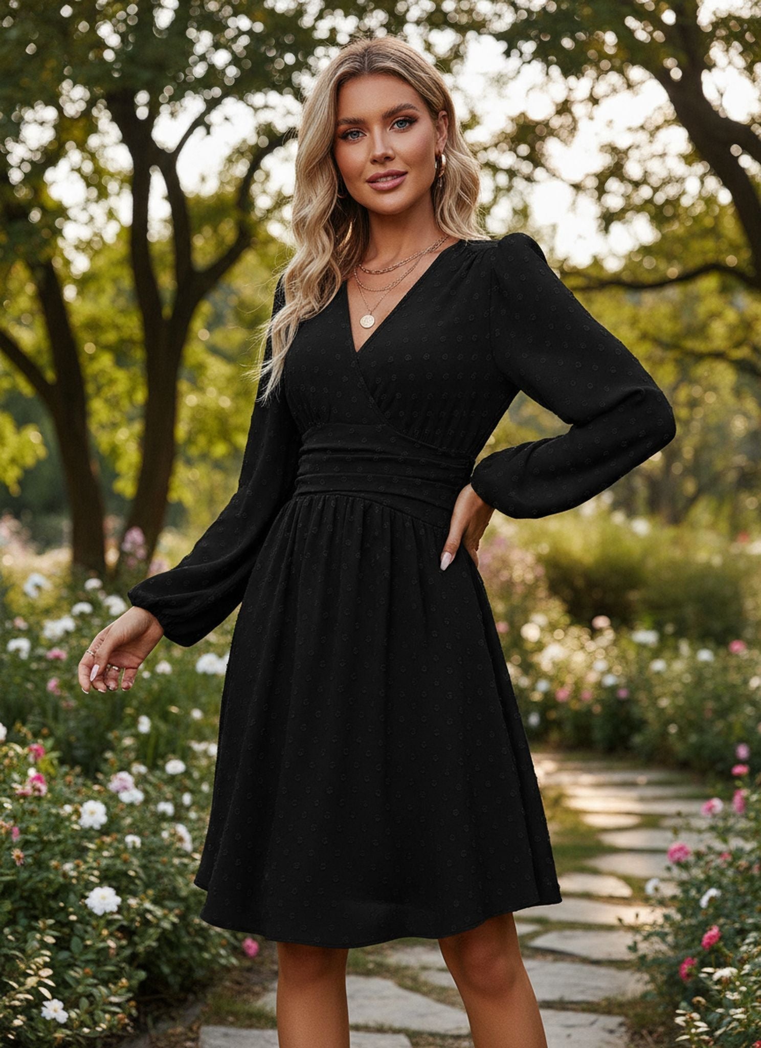 Jacquard V-Neck Lantern Sleeve Dress