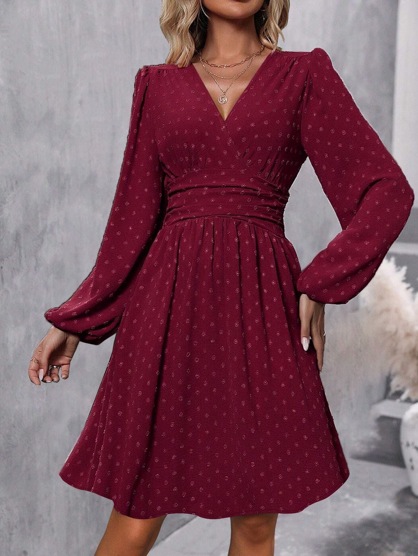 Jacquard V-Neck Lantern Sleeve Dress